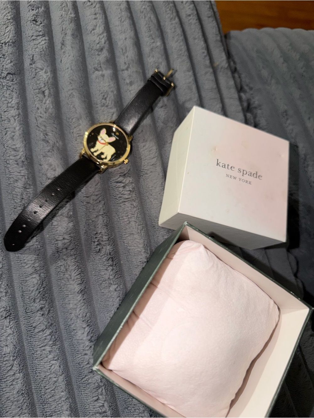 kate spade Black Leather Watch with Dog Motif and Gold Case
